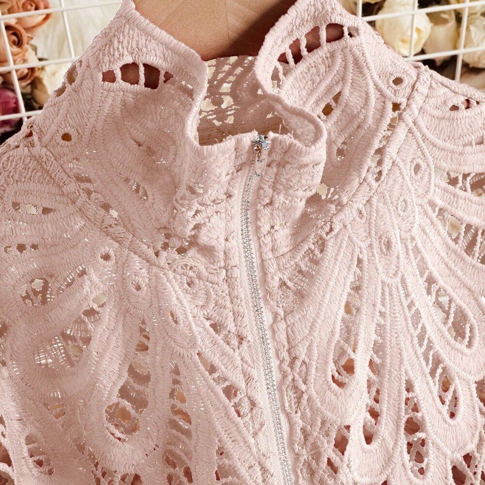 Baby Pink Elegant Women's Floral Lace Zipper Front Lantern Sleeve Blouse - Picture 4 of 6